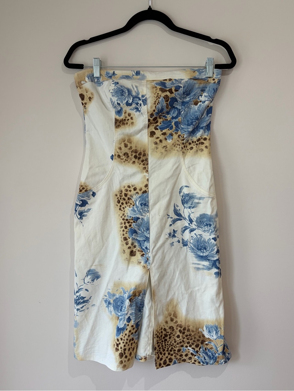 Ya Los Angeles Blue Floral and Tan Leopard Print strapless tube denim dress